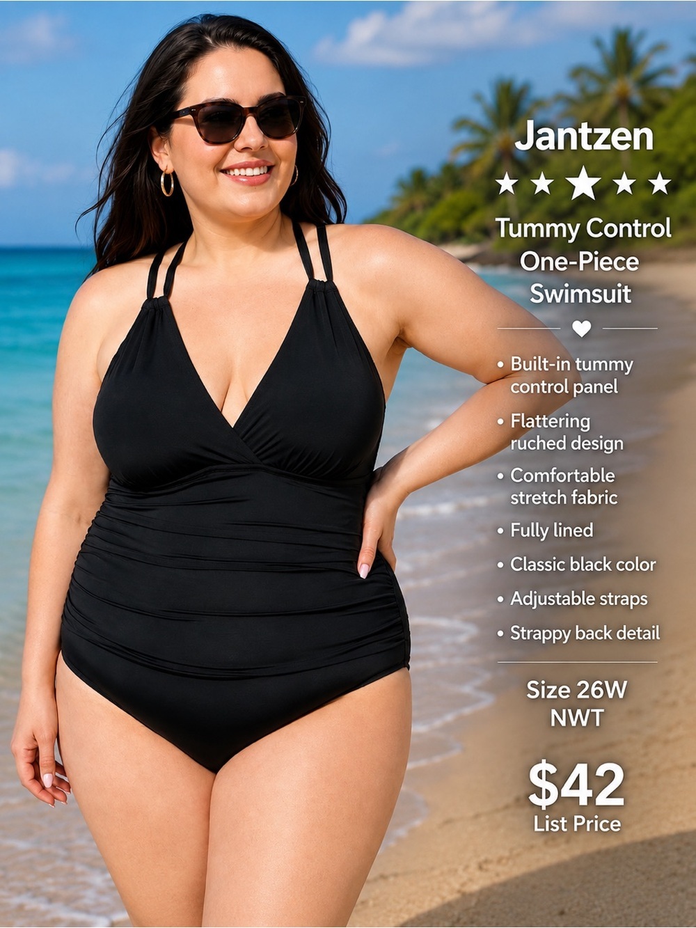 Jantzen NWT Black Strappy Tummy Control One-Piece Swimsuit 26W